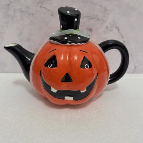 HALLOWEEN TEAPOT Pumpkin Jack O Lantern Ceramic Polka Dot Hat BRAND-NEW - Picture 7 of 9